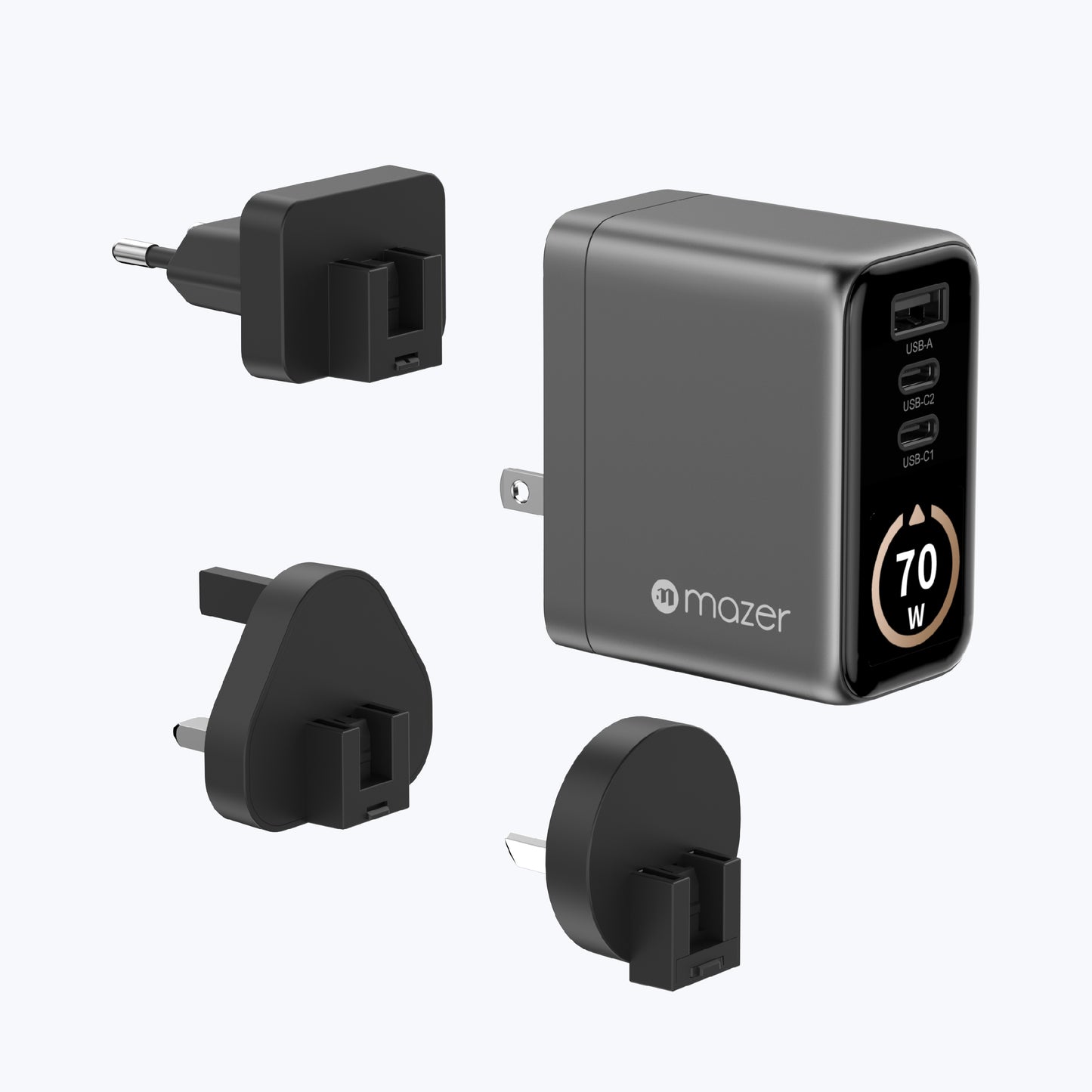 AiPrestigeGaN 70W Gan Wall Charger Ai Display with Travel Pins (3 Ports)