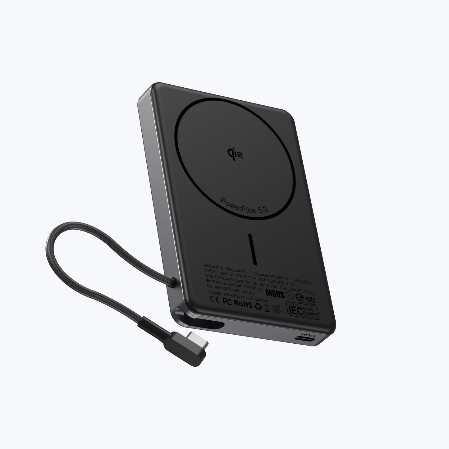 MagLink70 10,000 mAh Qi2 Certified 15W Magnetic Wireless Power Bank with Built in USB-C Cable (CCC Certified)
