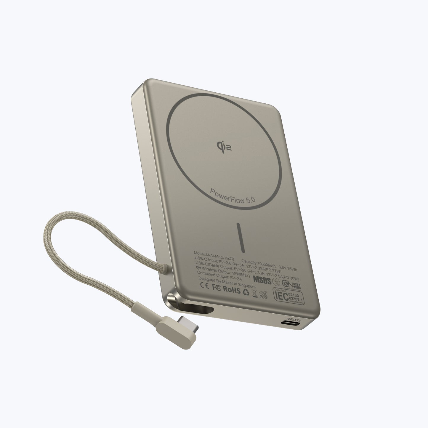 MagLink70 10,000 mAh Qi2 Certified 15W Magnetic Wireless Power Bank with Built in USB-C Cable (CCC Certified)