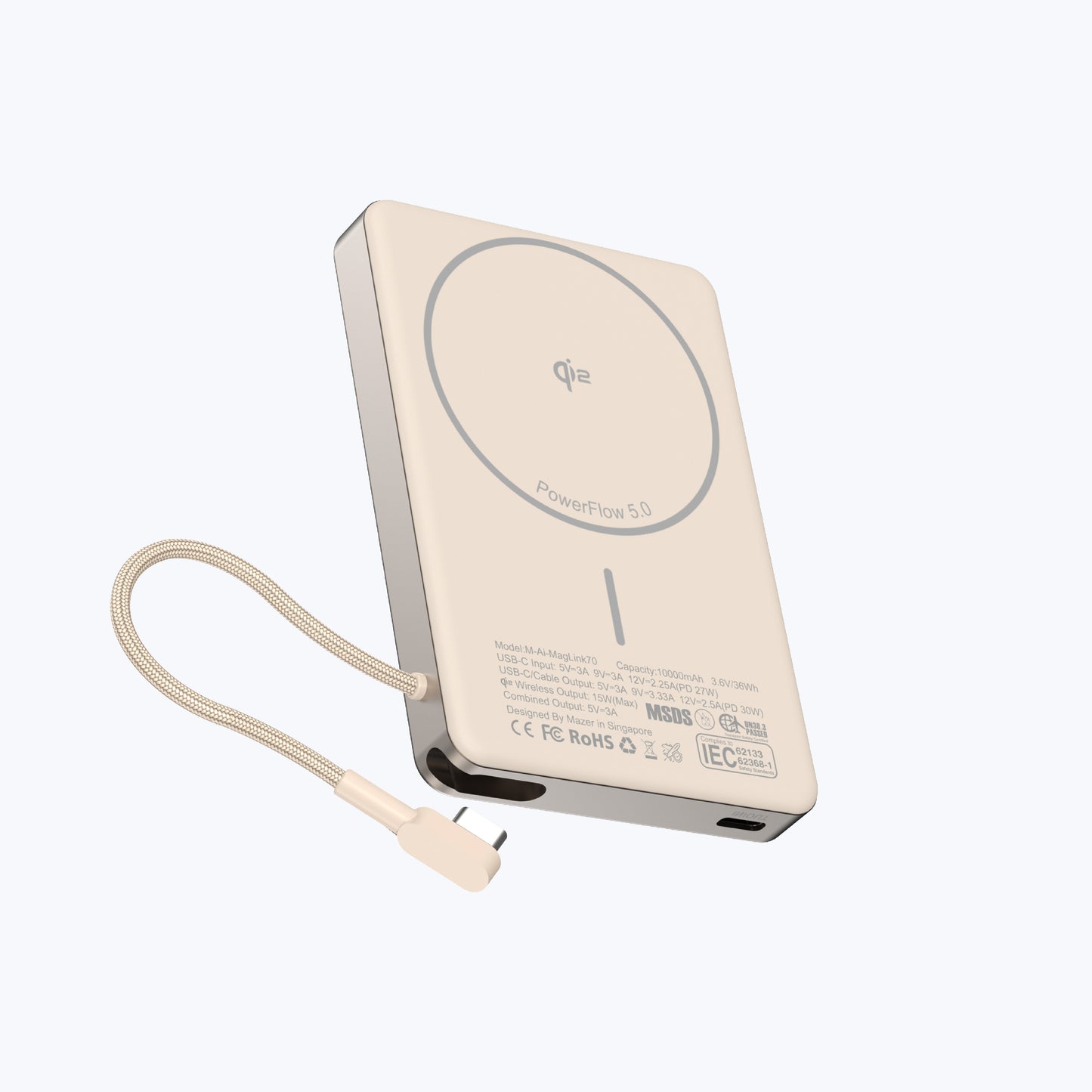 MagLink70 10,000 mAh Qi2 Certified 15W Magnetic Wireless Power Bank with Built in USB-C Cable (CCC Certified)